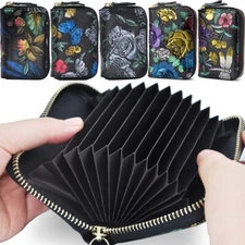Real Leather Card Wallet RFID Zip Small Card Bag Mini Fashion Hand Printed Purse
