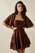FREE PEOPLE Cross Of Sunlight Brown Cotton & Linen Mini Dress SMALL UK 8-10 RARE