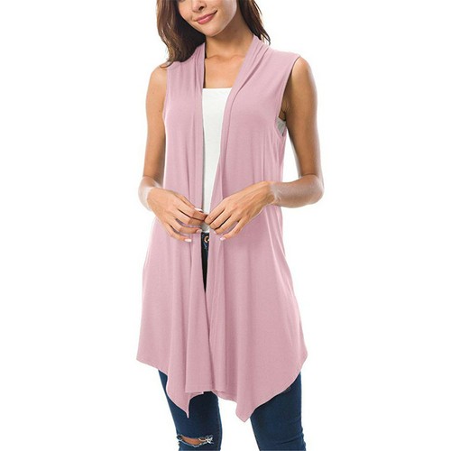 Womens Sleeveless Draped Open Front Cardigan Vest Asymmetric Hem Blouse - Picture 23 of 30