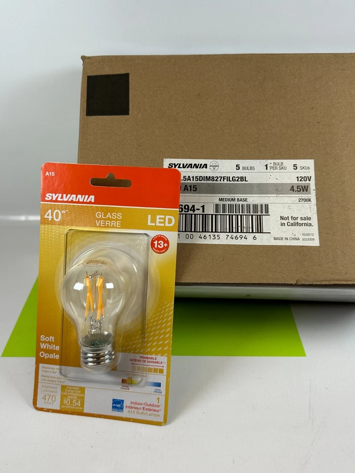 Sylvania LED A15 Medium Base Light Bulb 40W 120V 2700K - BOX OF 5 Bulbs  NEW - Image 3 of 4