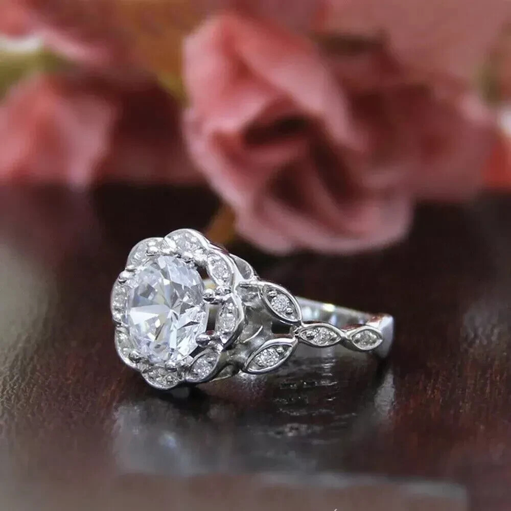 Vintage Art Deco Style 2Ct Lab Created Diamond Engagement Ring 14K White Gold FN