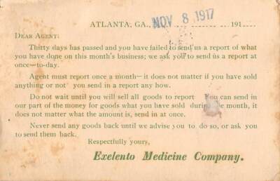 ATLANTA, GA, EXELENTO MEDICINE CO NOTICE FOR SALES REPORT ON PMC used 1917