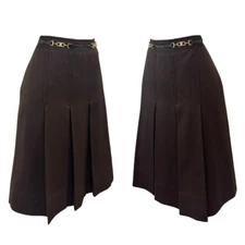 Vintage Celine 70s Wool Horsebit Brown Pleated Skirt