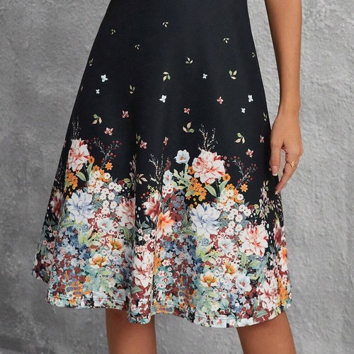 Damen Kurzarm A-Linie-Kleid Blumen Sommerkleid Partykleid V-Neck Midikleid Reise - Bild 11 von 18