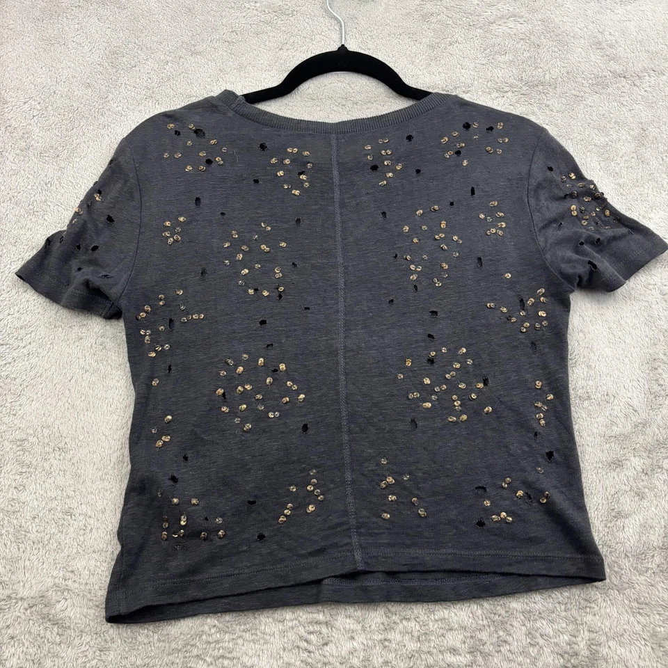 Alice+Olivia Shirt Womens XS Gray Sequin Distressed Linen ASO Juliette Nashville - Image 2 of 4