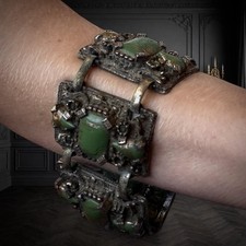 Egyptian Revival Antique 1920s Silver Scarab Jade Resin Bracelet 