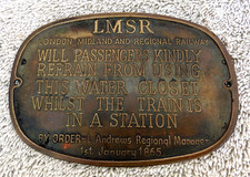 Vtg London Midland & Scottish Railway LMSR Water Closet Brass Plaque Plate
