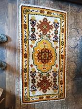 Vintage 1970s Handmade Latch Hook Rug Orange Green Art Deco 27x53