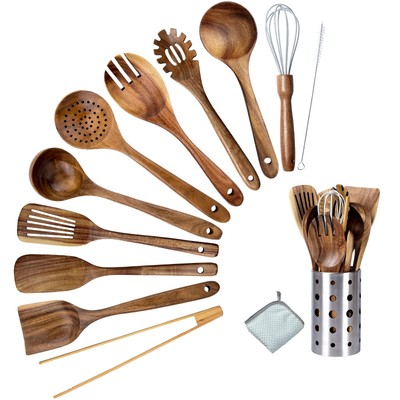 Natural Teak Wooden Kitchen Utensils Set - 11pcs Cooking Spoon Set with Spatu...