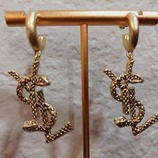 Auth. YVES SAINT LAURENT YSL LOGO Drop Hoop Snake EARRINGS Gold Tone