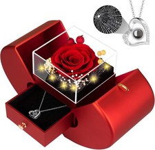 Preserved Red Real Rose with I Love You Necklace, Birthday Gifts for Women Her M