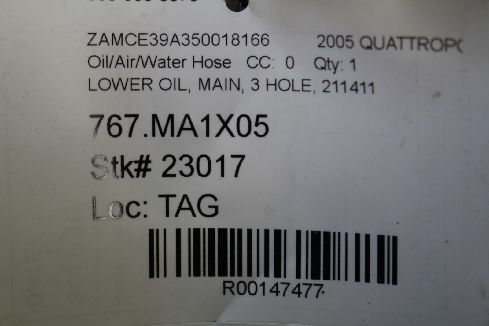 Maserati Quattroporte, Oil Hose, Tank to Pump, Used, P/N 211411