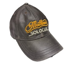 Mathews Solocam Leather Brown Embroidered Distressed Hat Cap USA Made Adjustable