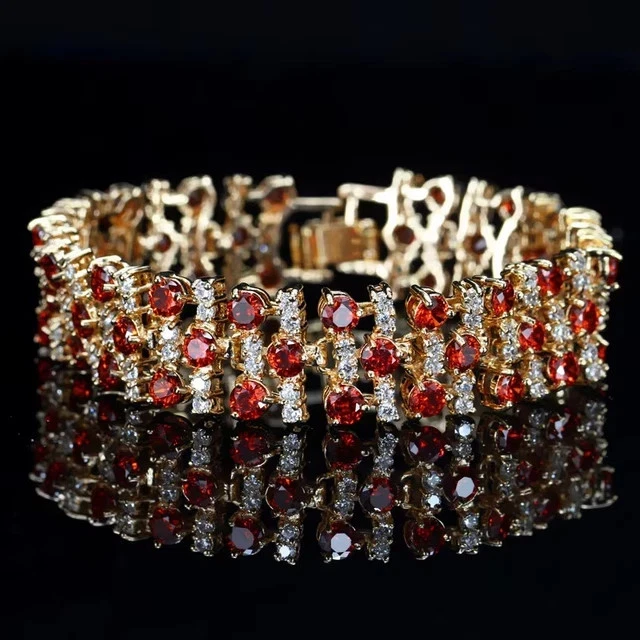 16Ctw Round Lab Created Red Ruby 2 Row Cluster Bracelet 14K Yellow Gold Plated - Image 3 of 4