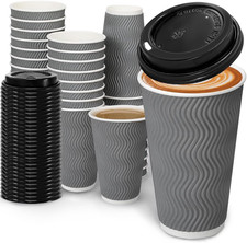 100 Pack 16 Oz Coffee Cups with Lids, Disposable Insulated Hot Cups to Go Paper