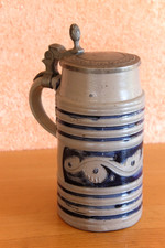 Antik geritzt Bierkrug Walzenkrug Zinndeckel Salzglasur  1800 beerstein antique
