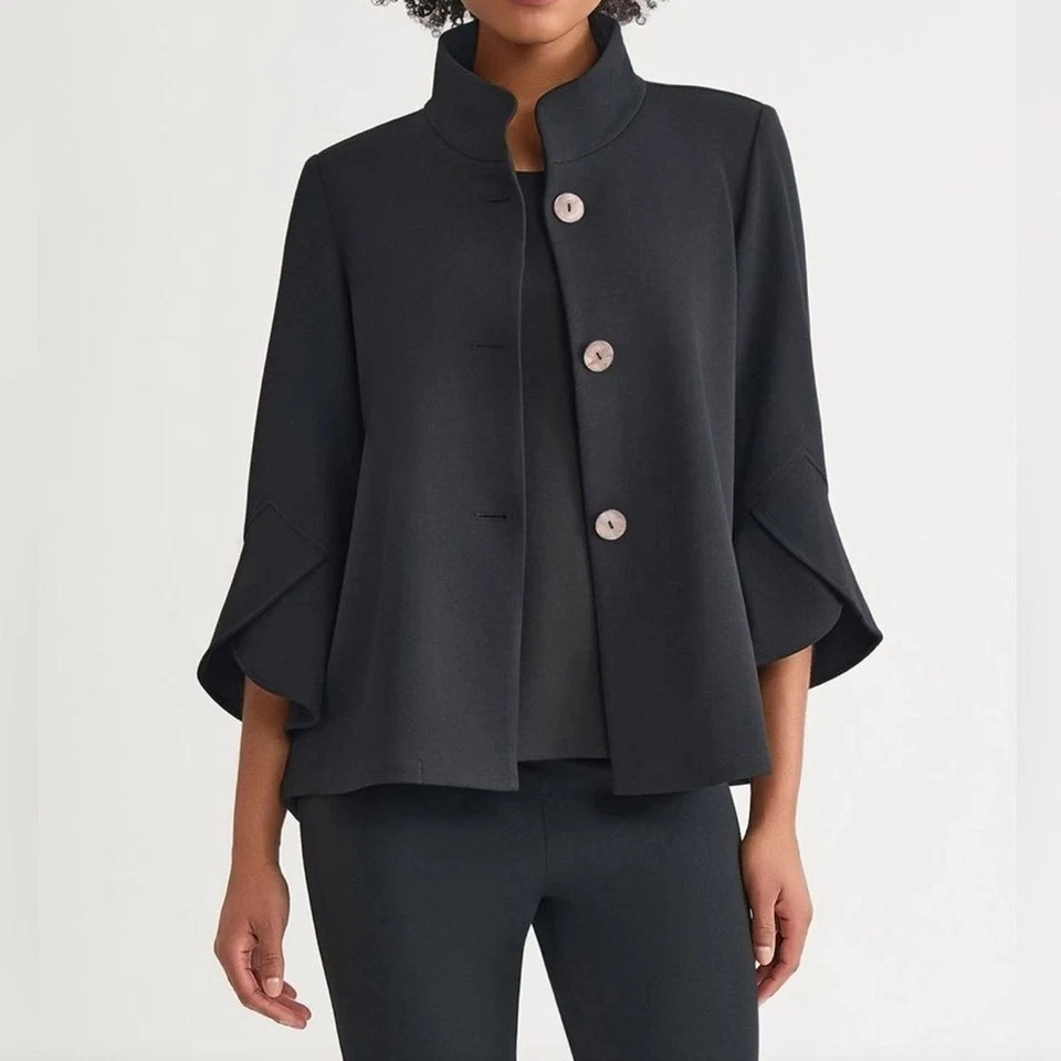 Ming Wang Womens Plus 1X Black Button Up Jacket Mock Neck Lagenlook - Image 2 of 4