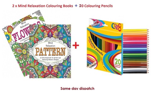 2 x Adult Stress Relief COLOURING BOOKS FLORAL PATTERNS +20 Colouring Pencils