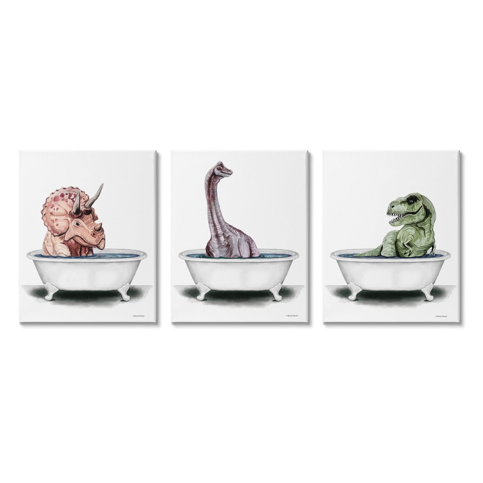Fun Dinosaurs Bathroom Tubs 3pc Canvas Wall Art Set, Design by Rachel Nieman