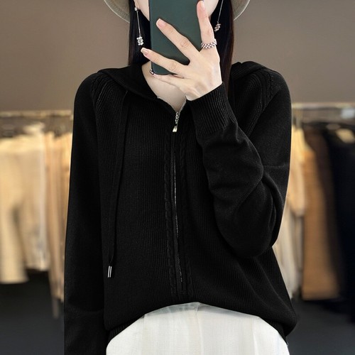 Women Tops Coat Sweater Hoodie Knitted Cardigan Hooded Casual Zipper Cashmere - Picture 16 of 25