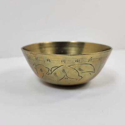 Vintage Engraved Brass Bowl Trinket Dish Shelf Decor 4 inch Diameter