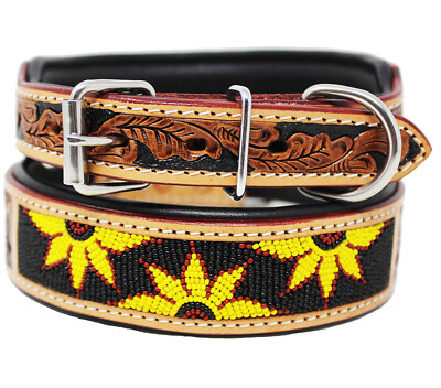 Padded Leather Dog Collar Beaded Floral Hand Tooled Western Adjustable All Breed