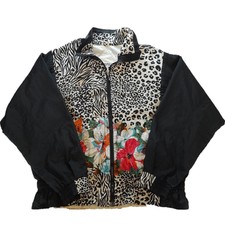 Vintage 80s Women's Jacket East West Large Zip Up Satin Jacket Floral Animal