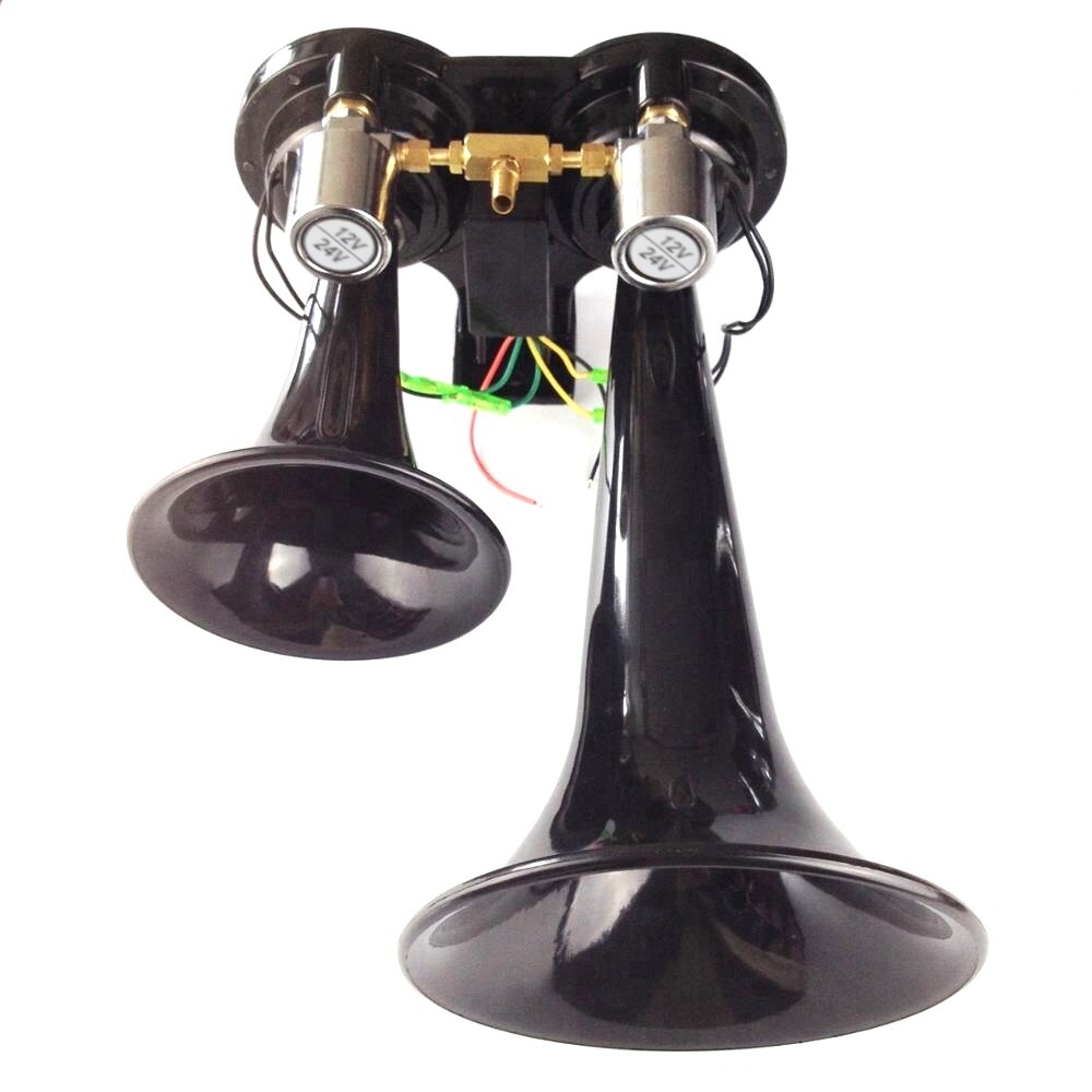 Klaxon Pneumatique 24V Pour Camion - 2 Trompettes Noires (35cm Et 15cm) - 125 DB - Pour Poids Lourds, Train