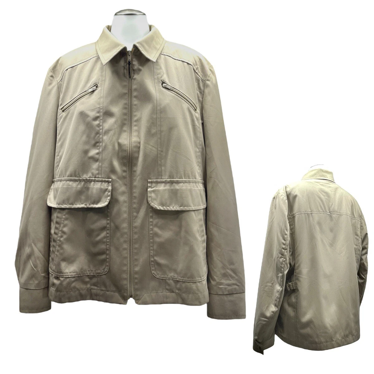 Vintage 90s LONDON FOG Mens 44 Jacket Rain Coat Zip Front Utility Pockets BEIGE
