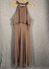 Women’s Chocolate Brown Silk Halter Maxi Dress 16 Beaded Formal Flowy Elegant