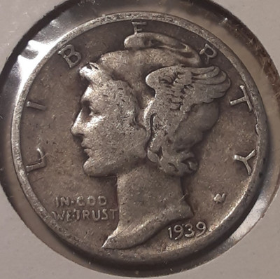 1939 Mercury Dime 10c Philadelphia Mint 90% Silver US coin (#524-12920/RBO)