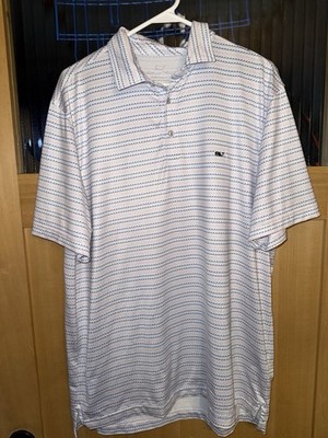 Vineyard Vines Shirt Mens Extra  White Striped Waves Short Sleeve Polo L Golf