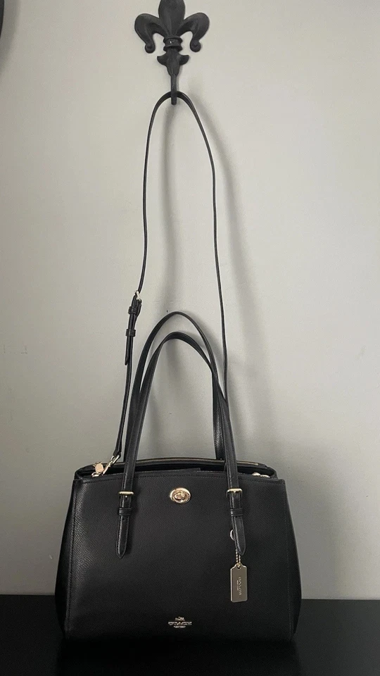 COACH Turnlock Carryall Crossbody Satchel Bag Black Leather w/ Brass Hardware - Image 3 of 4