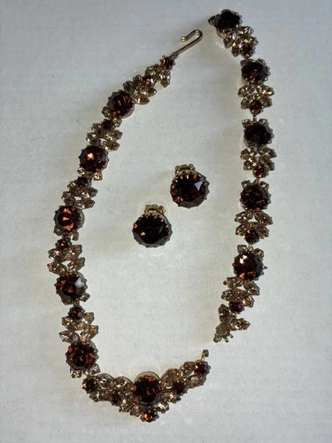Vintage Costume Jewelry Set Amber Brown Sienna Clip-On Earrings & Necklace