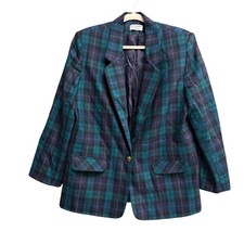Alfred Dunner Womens Plaid Blazer Size 14 Blue  Green Button Front Made In USA
