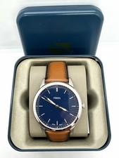 Fossil FS5304 Men's Minimalist Slim Brown Leather Band Blue Dial 3-Hand Watch