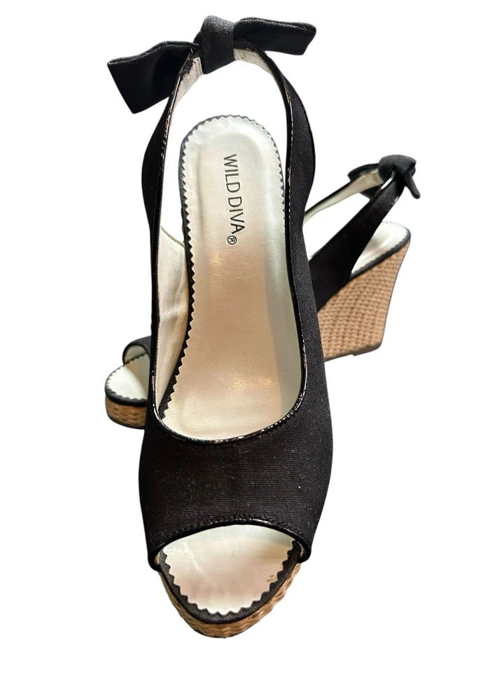 Alpargatas de cuña Wild Diva sin cordones punta abierta para mujer talla 5,5 negras lazos en la espalda Foto 3 de 4