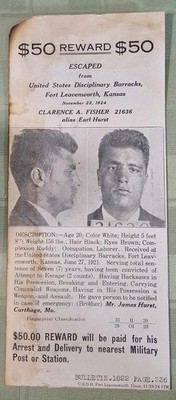 1924 Wanted Notice,Clarence Fisher alias Earl Host, Fort Leavenworth, Kansas $50