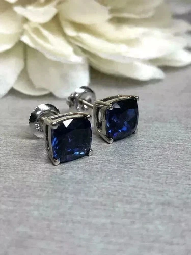 Blue Sapphire 3.9Ct Cushion Cut Lab Created Halo Stud Earrings 14K White Gold FN