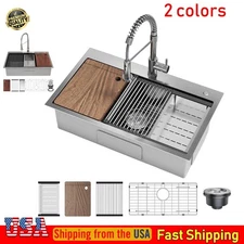 30x18x9in Kitchen Sink Drop-In Stainless Steel Single Bowl Faucet Sink Top Mount