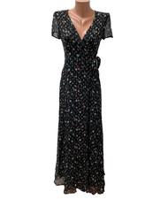 SEZANE size 38 - S 94% SILK Long Maxi Wrap Dress Black Multicoloured Floral