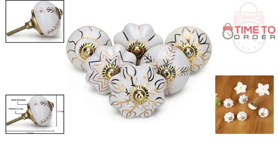 Paquete de 6 perillas de gabinete de cocina de cerámica dorada redondas florales estilo vintage Foto 2 de 4