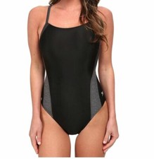  49 Speedo Swimwear Women Black Gray Relaunch Flyback One-Piece Swimsuit Size 30