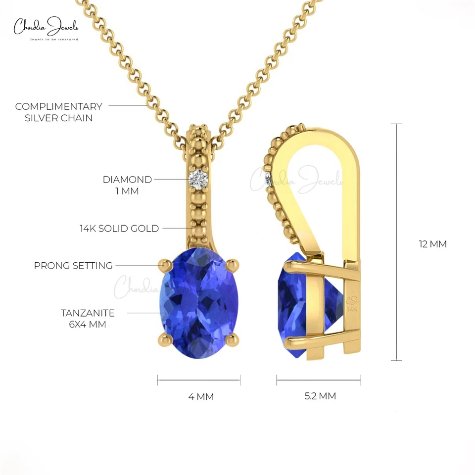 Colgante de tanzanita natural de 0,54 quilates con detalles de diamantes de oro de 14 k para mujer joyería fina Foto 4 de 4