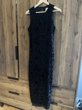 Women’s Vintage 90s Wallis Black Flocked Velvet Evening Maxi Party Dress 12 