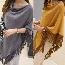 Lady Knitted Poncho Wraps Shawl Cape Blouse Batwing Sleeve Tassel Winter Elegant