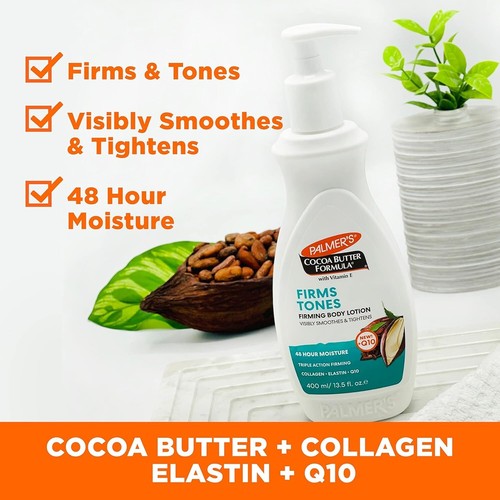 Fórmula de manteca de cacao loción corporal reafirmante para la piel, botella de bomba de 13,5 OZ, tonificante y T... - Imagen 4 de 11