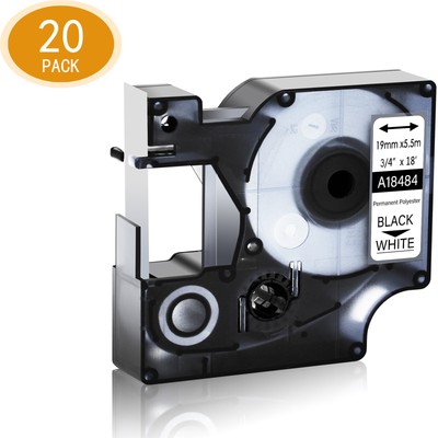 20x Black on White Permanent Polyester Label Tape 18484 for DYMO Rhino 5000 3/4''