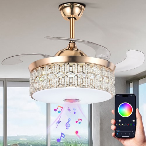 42'' Invisible Bluetooth 7-Color Ceiling Fan Light Retractable Remote Chandelier - Picture 10 of 17
