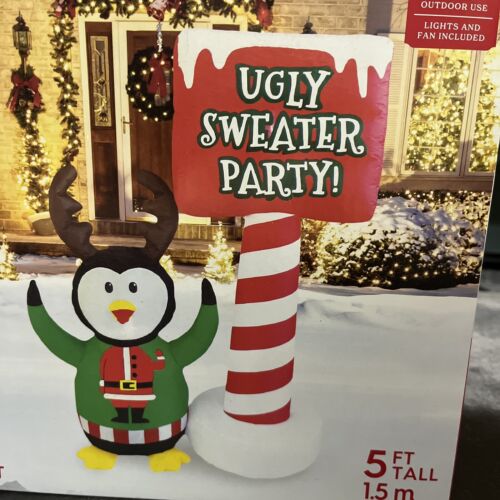 Holiday Time Inflatable Party Sign Reindeer Penguin Christmas Light Up 5 Ft